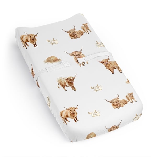 slide 2 of 6, Sweet Jojo Designs Boho Highland Cow Boy, Girl, Gender Neutral Changing Pad Cover Sheet -Farm Animal Watercolor Rustic Farmhouse