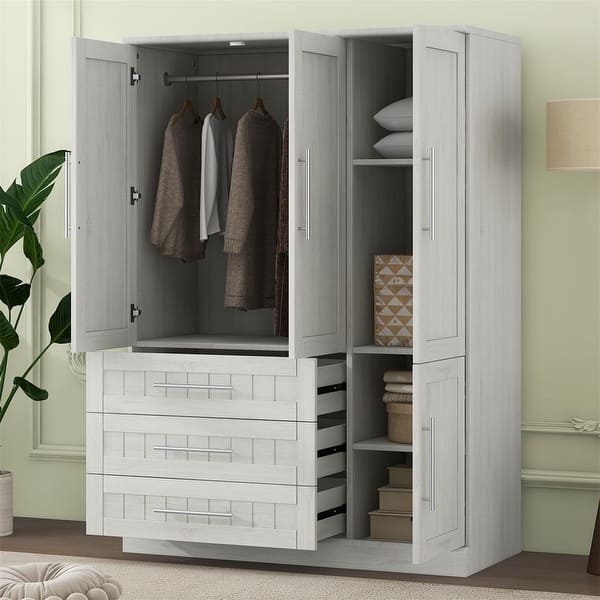 4 Door Wardrobe Bedroom Closet with 3 Storage Drawers, Solid Wood ...