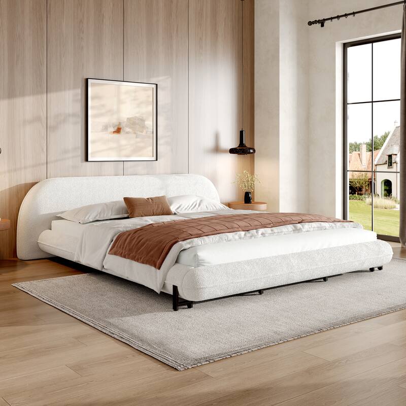 King/Queen Size Upholstered Bed Frame - Premium Boucle Fabric with Sturdy Steel Legs - King
