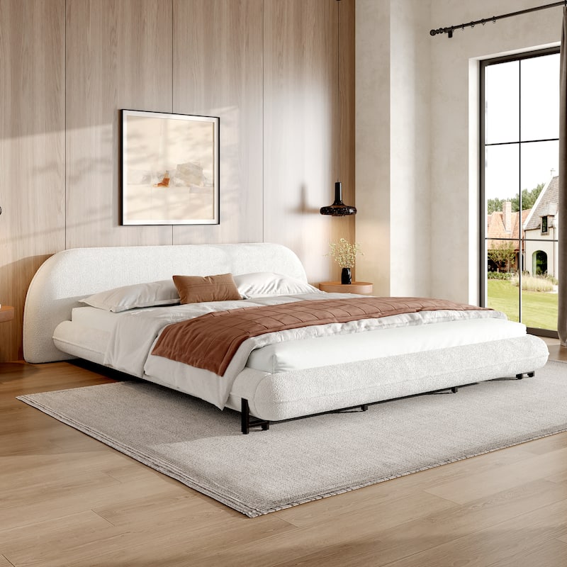 White Upholstered Boucle Fabric Low-Profile Platform Bed Frame with Thought Embeded Curved Thick Headboard and Metal Support Leg