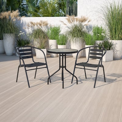 23.75" Round Glass Metal Table with 2 Metal Aluminum Slat Stack Chairs
