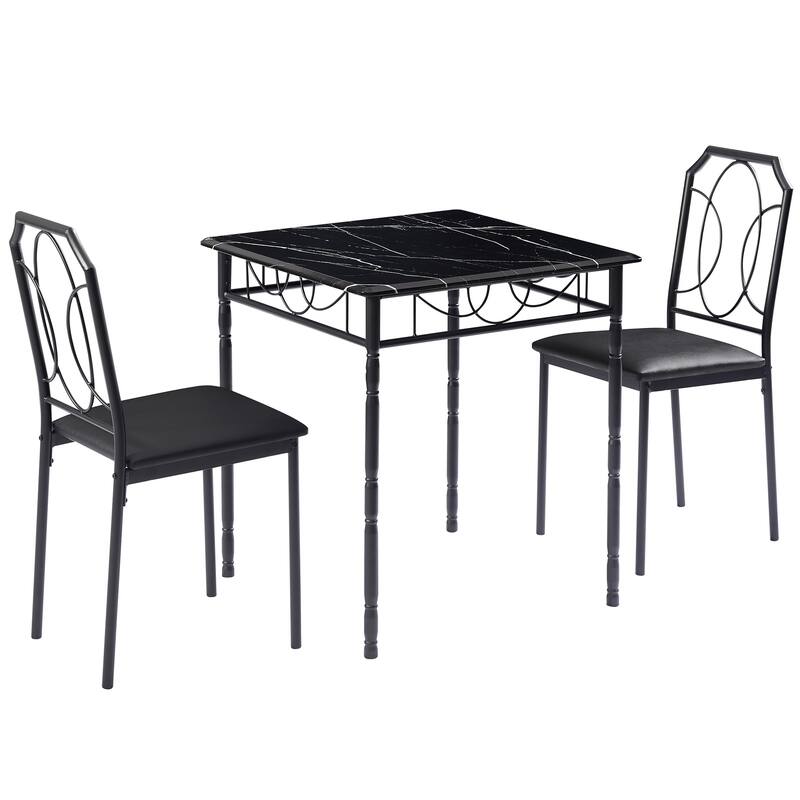 VECELO Industrial 3-Piece Space-Saving Square Dining Set MDF Table with Black PU Leather Dining Chairs Small Spaces