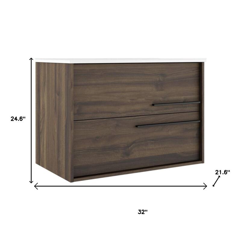 HomeRoots 32" Dark Brown Wood Floating Bathroom Vanity With White Sink And Two Drawers - 32.00 in. x 24.60 in. x 21.60 in.