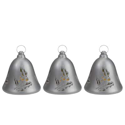 Set of 3 Musical Lighted Silver Bells Christmas Decorations 6.5-Inches