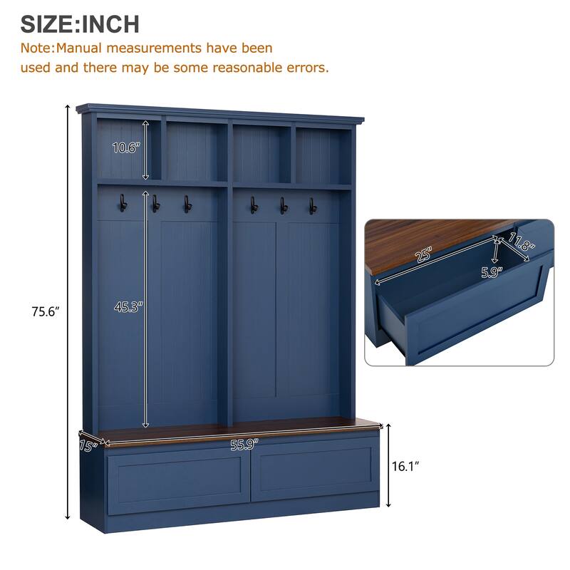 Farmhouse 4-in-1 Hall Tree with Bench, 2 Drawers & Coat Rack for Entryway