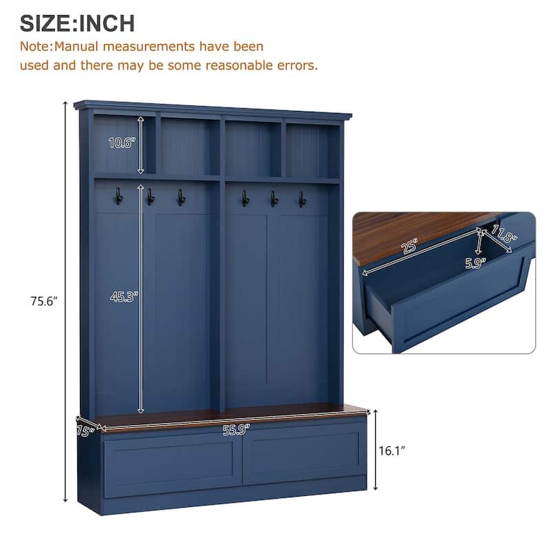Hall Tree with Wood Bench, Entryway Bench Lounge Bench, Shoe Organizer Coat Rack with Open Compartments