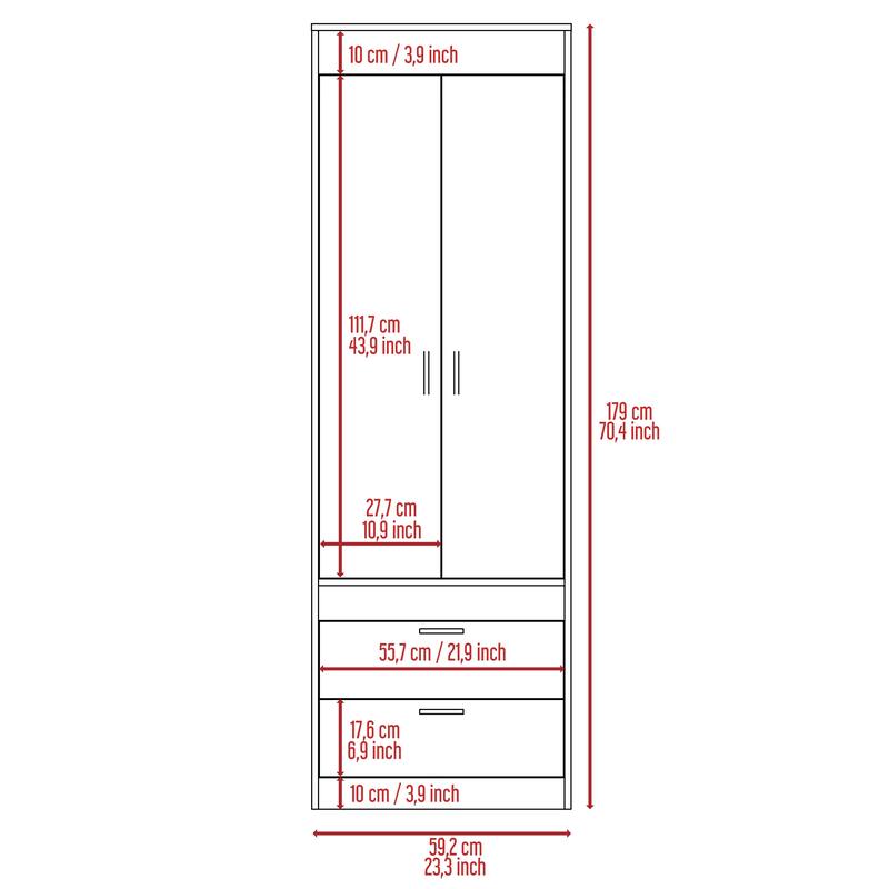 18.9" Modern Double-door Armoire with Two Drawers and Hanging Rod for Bedroom