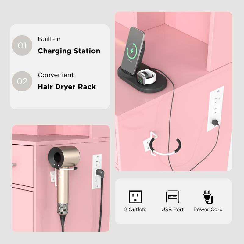 Makeup Vanity Set, Vanity Desk with Stool, LED Light Mirror and Charging Station