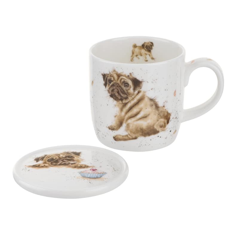 Royal Worcester Wrendale Designs Mug and Coaster Set Assorted Animal - Pug Love (Dog) - 2 Piece