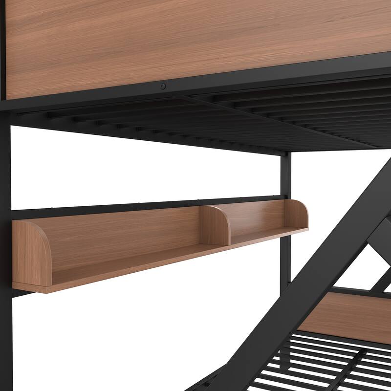 Queen over King/Queen over Full Metal Bunk Bed with Storage Shelves & Lights