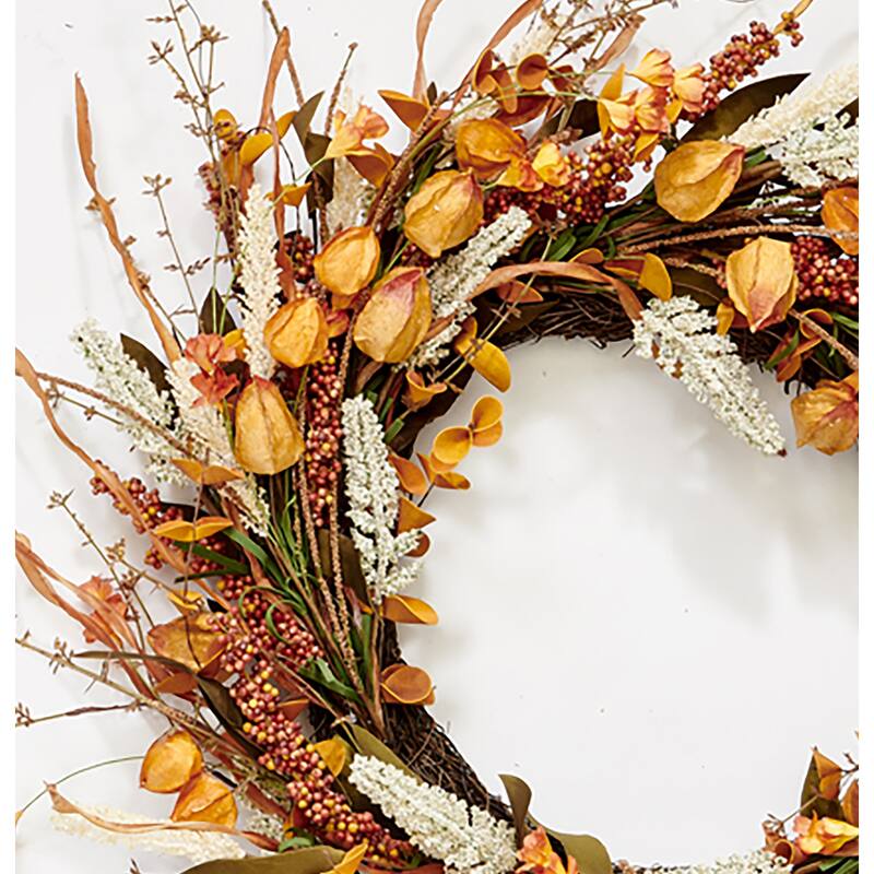 24" Artificial Fall Harvest Chinese Lantern Wreath on Natural Twig Base