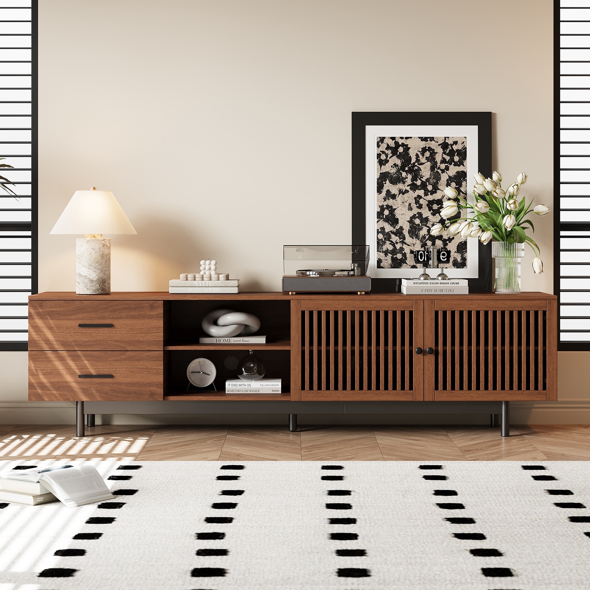 Modern Media Console Table TV Storage Stand with Cabinets, Entertainment Center with Louvered Door for TVs up to 85"