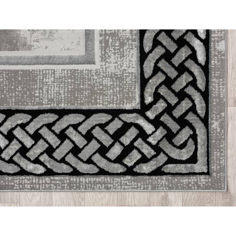 Ksamil Collection Dark Grey/Black Abstract Border Area Rug