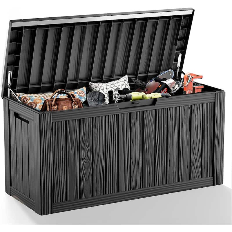 80gallon outdoor resin deck box weatherproofwith hydraulic rod, bench