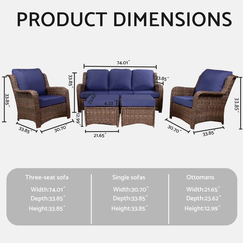 5 Piece Rattan Outdoor Patio Conversation Set, All Weather Hand Woven Wicker Sectional Sofa Set with Removable Cushions