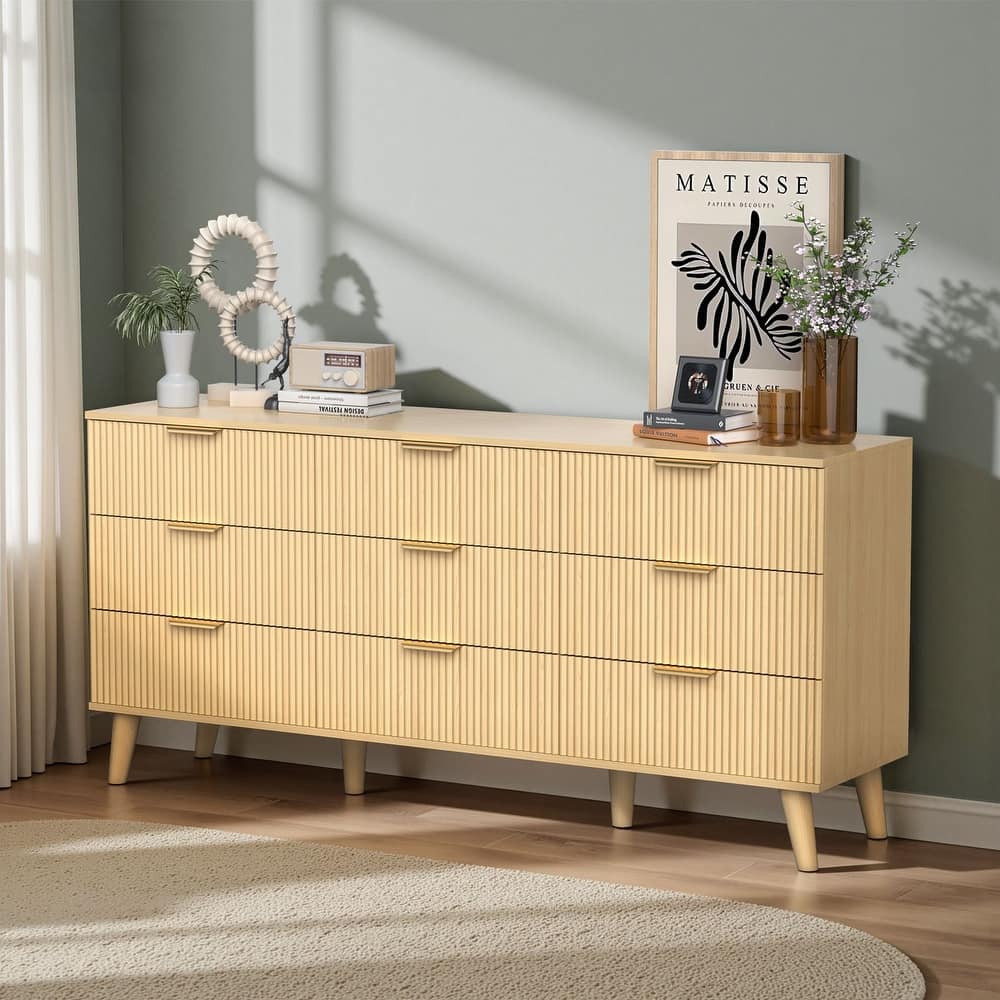 Meyreso Modern Boho Wave Wood Dresser, Wide Storage Cabinet