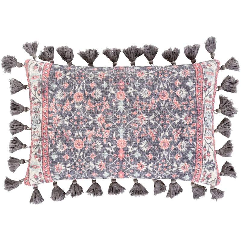 Artistic Weavers Millie Printed Floral Damask Cotton Lumbar Throw Pillow - 14"x22" with Down Insert - Grey