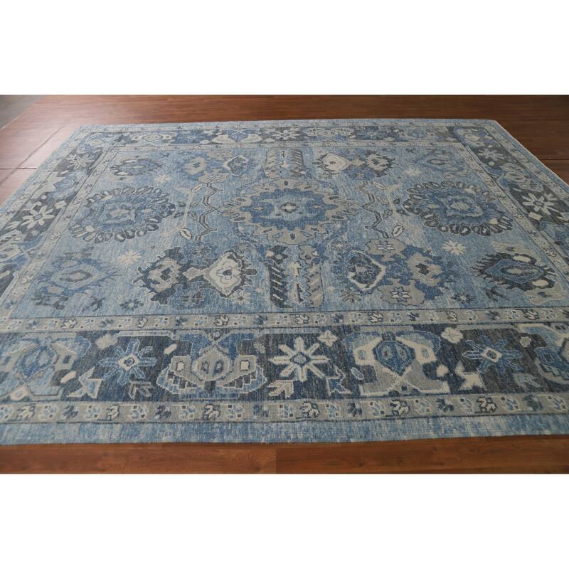 Hand Knotted Oriental 100% Wool Carpet Transitional All-Over Navy Blue & Blues Oushak Area Rug - 11' 1'' X 9' 3''