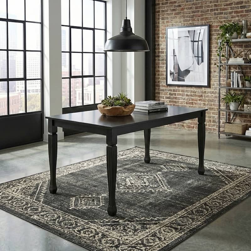 Modern 63 Inch Rectangular Dining Table, Black Finish Solid Rubberwood