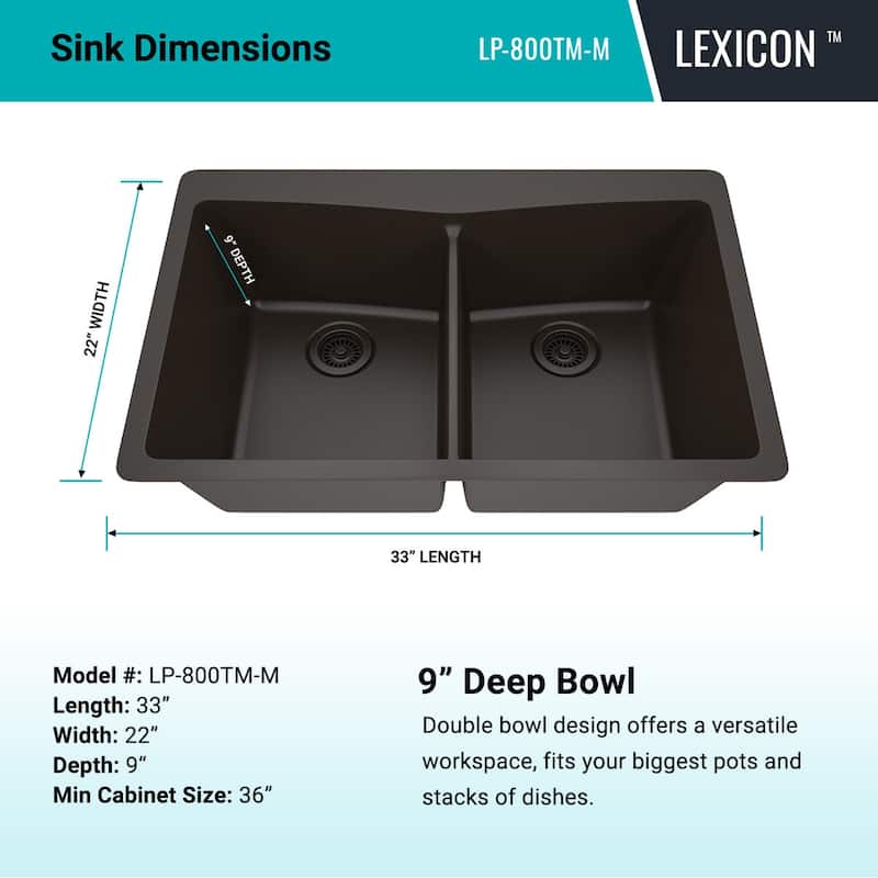 Lexicon Platinum Quartz 33 Inch Double Equal Bowl Undermount Kitchen Sink with Bottom Grids and Strainers , Disposal Flange