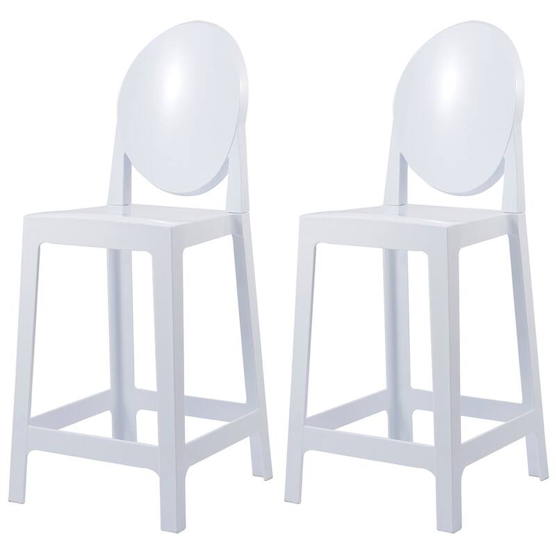 Smoke 25" Counter Height Bar Stools with Back – Stackable Transparent Plastic Chairs for Kitchen, Bar, or Outdoor – Set of 2 - White