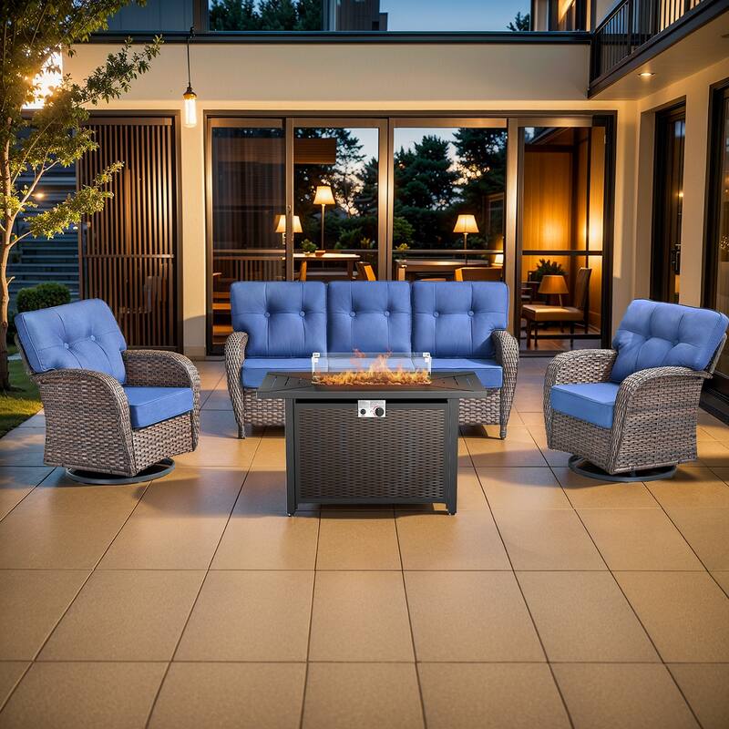 Pocassy Outdoor 43 In Fire Table with Sofa Patio Swivel Chair Set - Brown Wicker Blue Cushion - 6-Piece Sofa Swivel Chair with Fire Pit Table