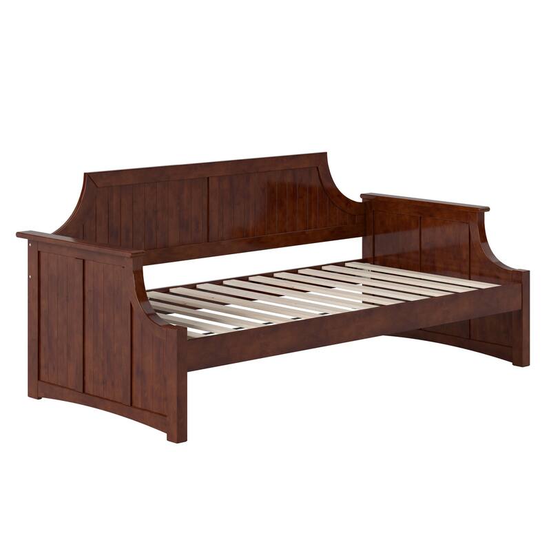 Twin Daybed with Wood Frame - Walnut Finish, Curved Backboard, Day Bed for Living Room or Guest Room