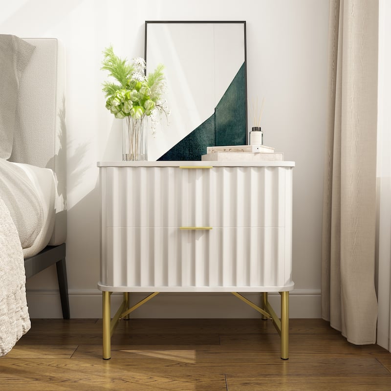 Clihome Modern MDF 2-Drawer Nightstand for Bedroom - White
