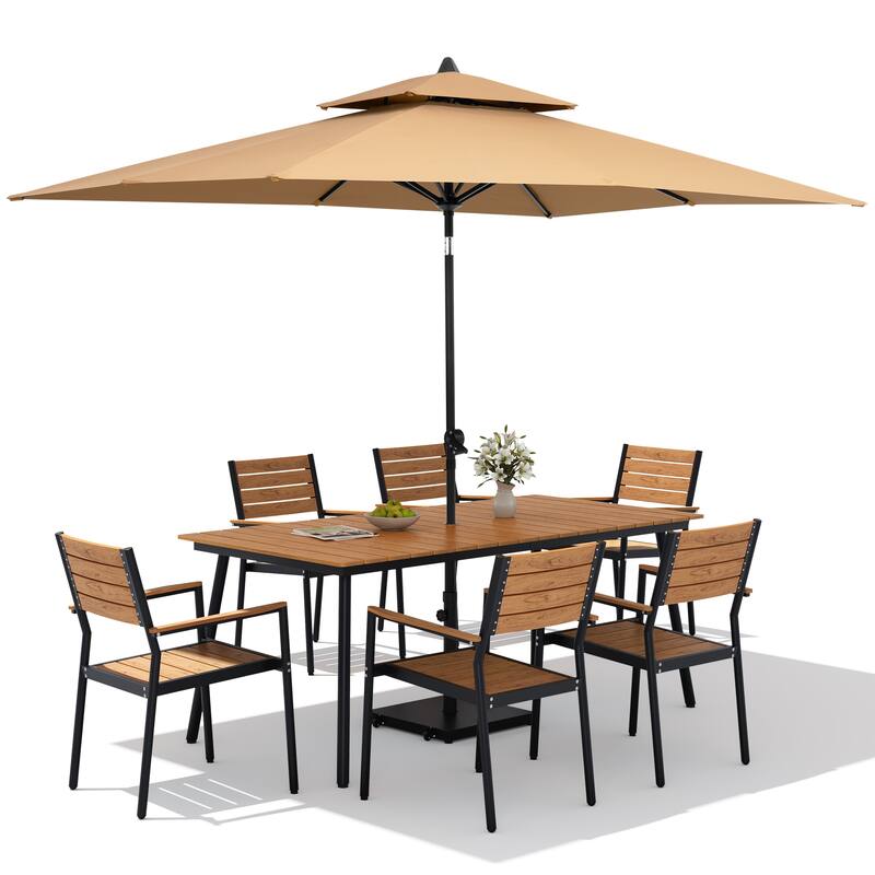 9PC Outdoor Patio Dining Set Wood-Like Aluminum Table with Stackable Armchairs,Double Top Market Umbrella and Wheel Base
