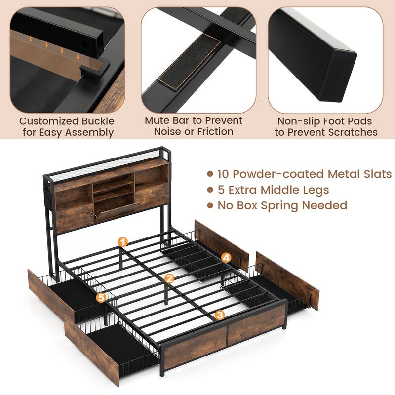 Gymax Full Size Bed Frame w/ Bookcase Headboard & 4 Storage Drawers