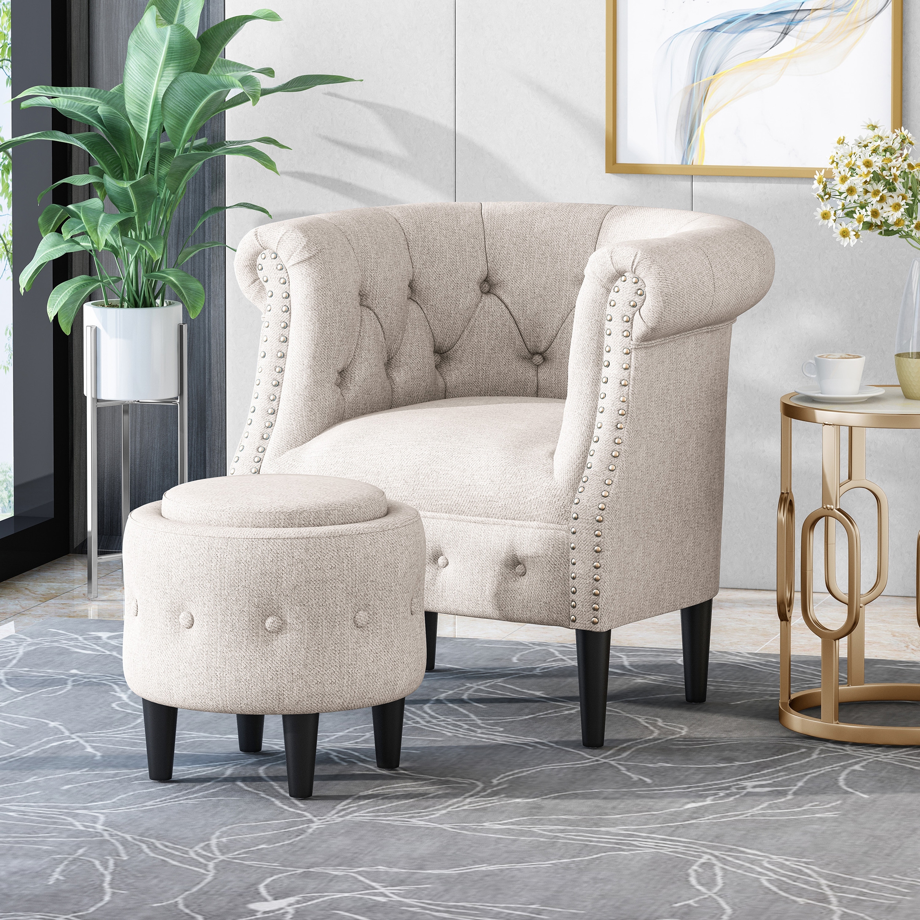 Beige Button Tufted Chair with Ottoman Bed Bath Beyond