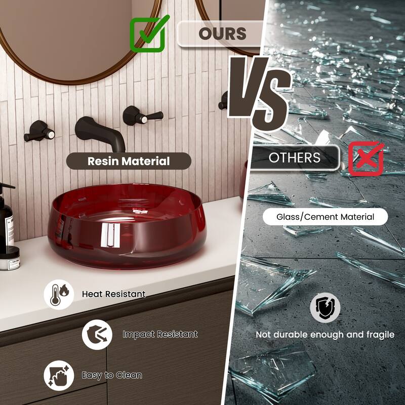 Transparent Resin Vessel Bathroom Sink Included Pop-up Drain and Drain Hose, Modern Above Counter Wash Basin with Center Drain
