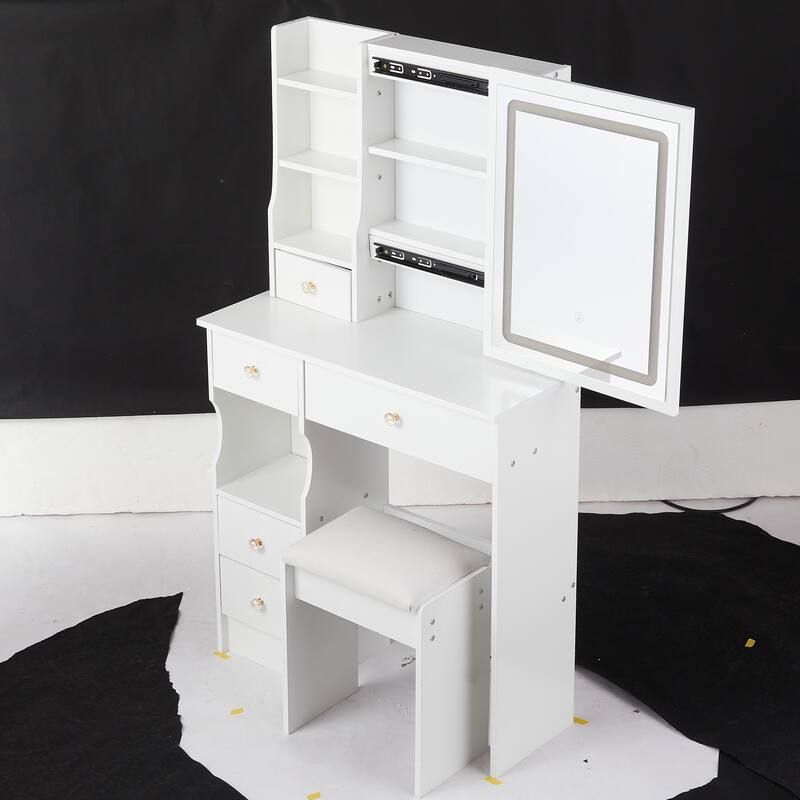 Dressing Table Stool Set with Brightness Adjustable Touch LED Mirror