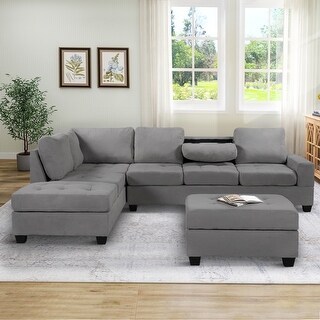 L Shaped Couch Set with Storage Ottoman and Two Cup Holders for Living Room