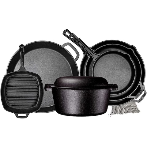 Pre Seasoned Cast Iron 8 Piece Bundle Camping Gift Set, Double Dutch, 16 inch Pizza Pan, 3 Skillets & Square Grill Pan