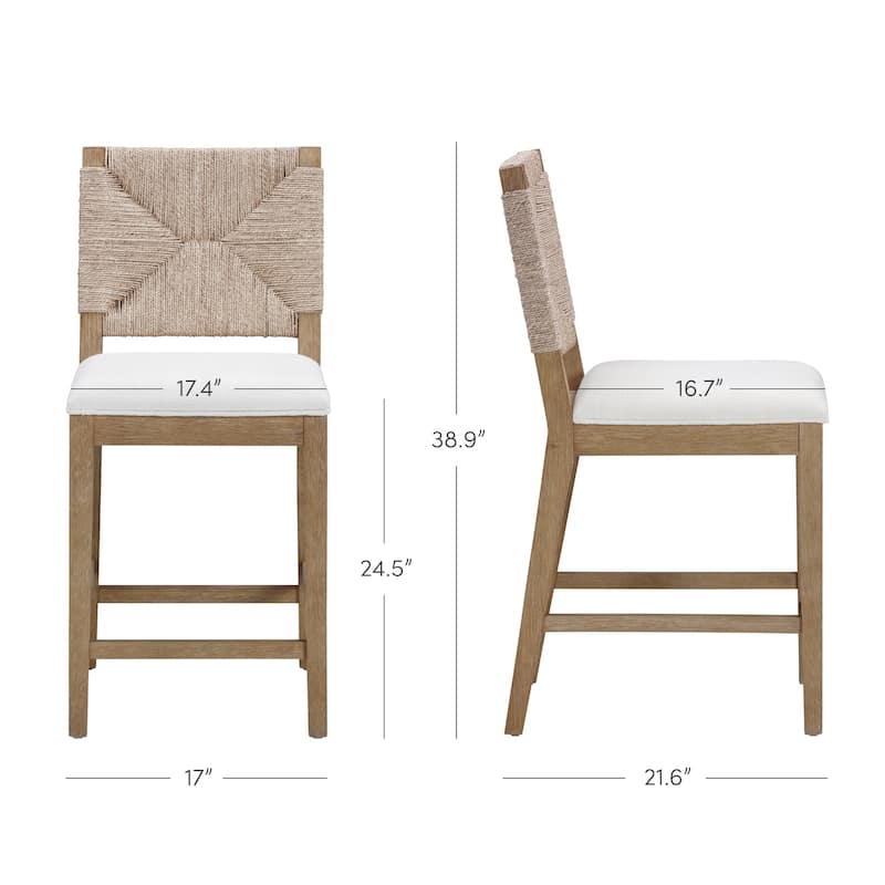 Beacon Bohemian Boucle Bar Stool, Upholstered Counter Height Chair with Solid Wood Frame and Woven Seagrass Back - Set of 2 - Cream Boucle/Light Brown - Counter Height