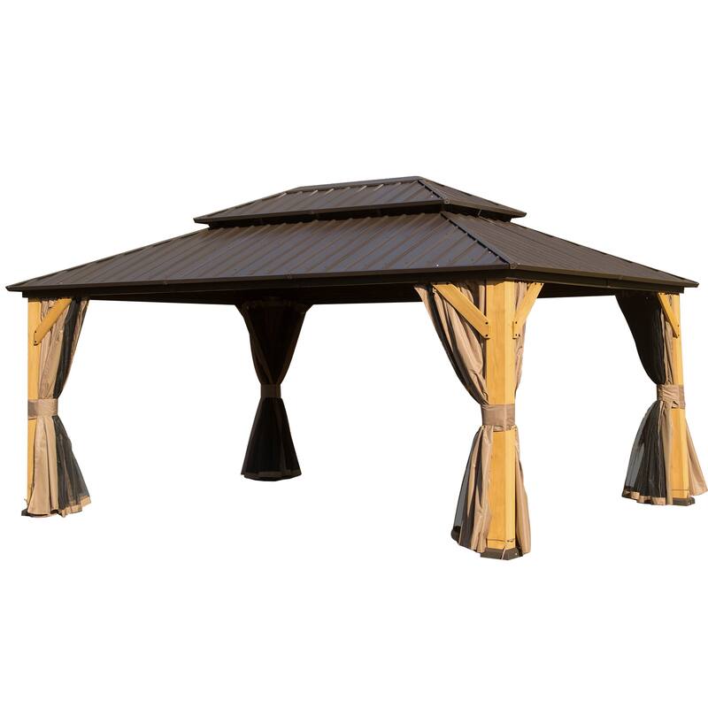 12x16FT Cedar Wood Hardtop Gazebo with Steel Roof, Netting & Curtains for Outdoor Patio, Backyard, Deck - Brown