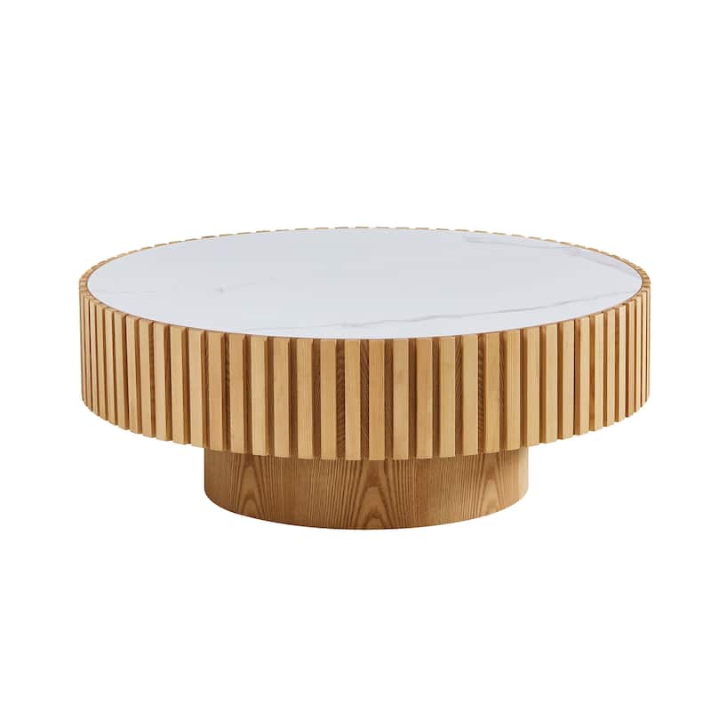Luxury Round Coffee Table with Faux Marble Top, 35.43" Modern Low Drum Shape Cocktail Table for Living Room, Reception Room