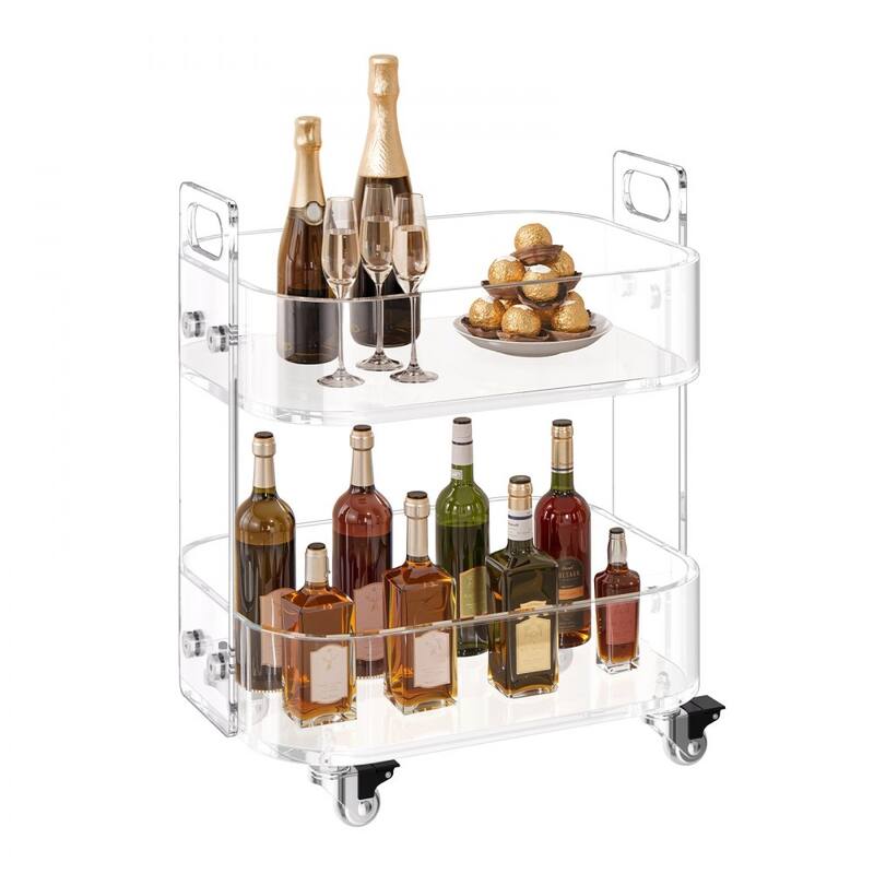 Clear Acrylic 2-Tier Side Table with Lockable Wheels and Transparent Storage - 12 x 16.3 x 18.9 in