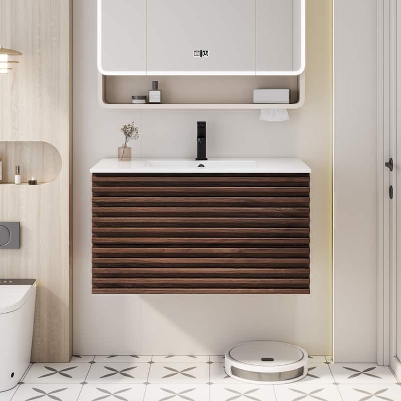 Wall Mounted Bathroom Vanity Set W/ Drop in Sink Mid-Century Cabinet Set