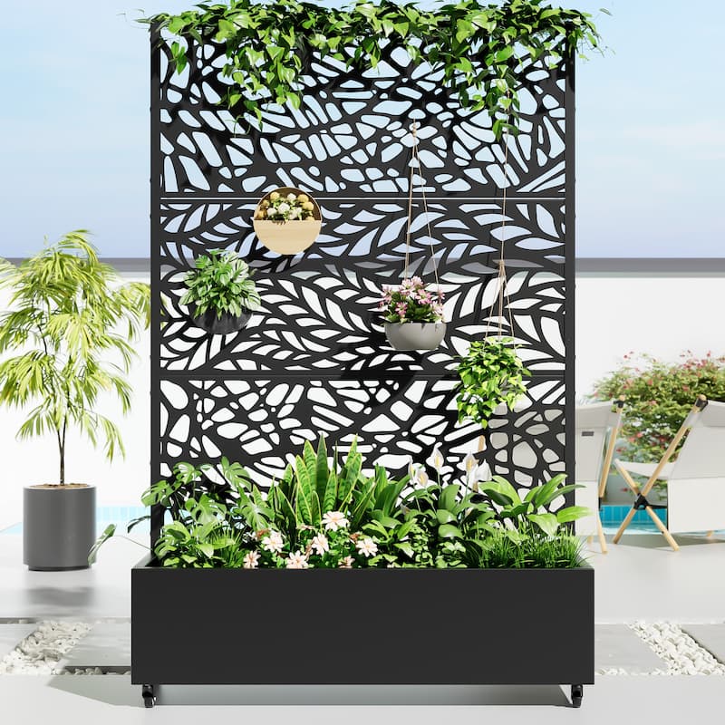 Metal Movable Planter Box with Trellis Privacy Screen Planter Box with Lockable Wheels - Black