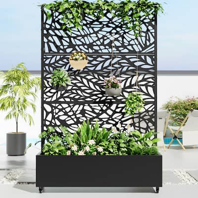 Metal Movable Planter Box with Trellis Privacy Screen Planter Box with Lockable Wheels