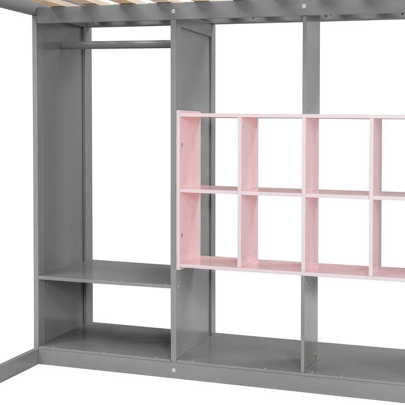 Twin/Full Size Versatile Loft Bed with Wardrobe, Storage Bed Frame with Multi-Shelves and Clothes Hanging Rod