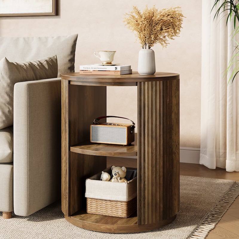 3-Tier Round End Table, Farmhouse Round Side Table with Fluted Design