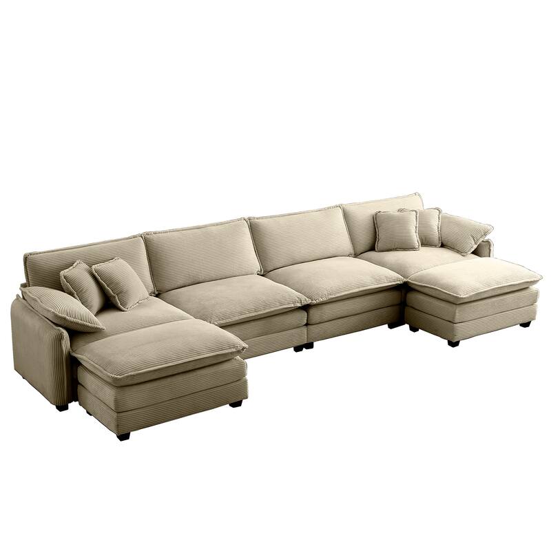 6-piece Oversized Corduroy Upholstered U-Shaped Modular Sectional Sofa with 2 Removable Ottoman and Free Combination