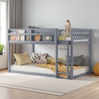 Twin Over Twin Solid Wood Low Bunk Bed with Ladder and Storage Shelf ...