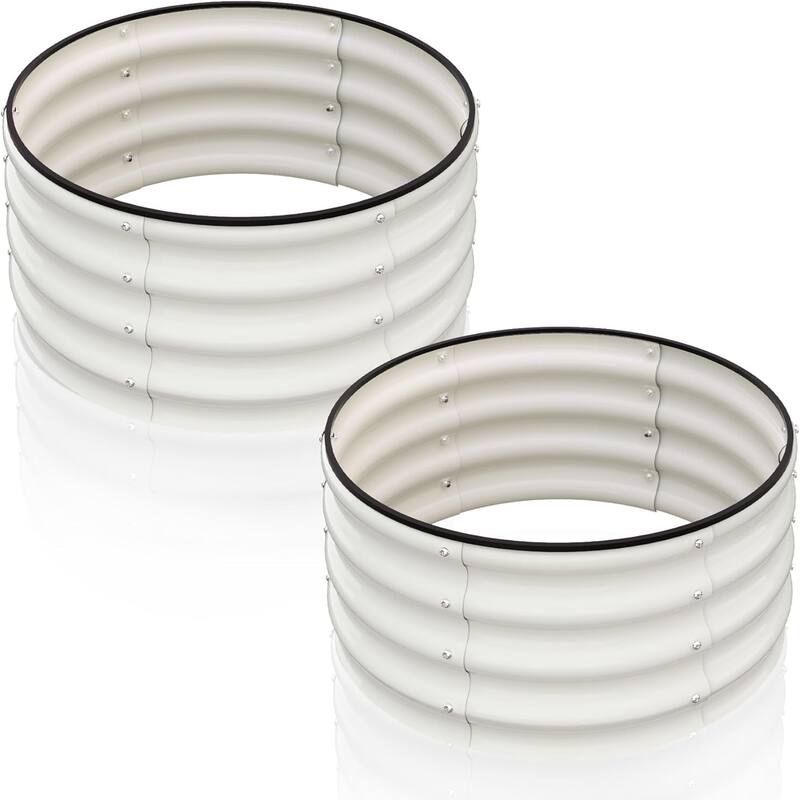 2-Pack 2 x 2 x 1FT Round Galvanized Raised Garden Bed Heavy-Duty Open-Bottom Planter Box off-white