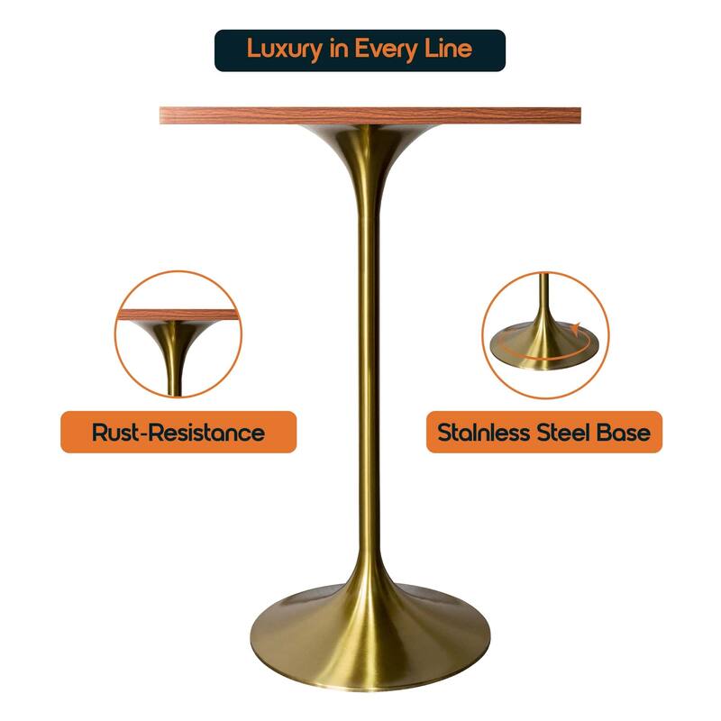 Verve 43 in. Tall Bar Height Dining Table Square MDF Wood Tabletop in Gold Stainless Steel Pedestal Base Accent Bar Table