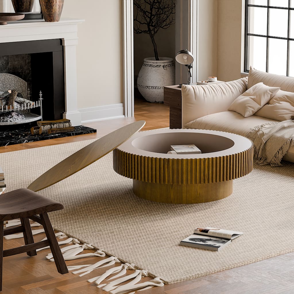 39.37" Round Coffee Table with Storage Solid Wood Veneered Modern Coffee Table Accent Tea Table for Living Room