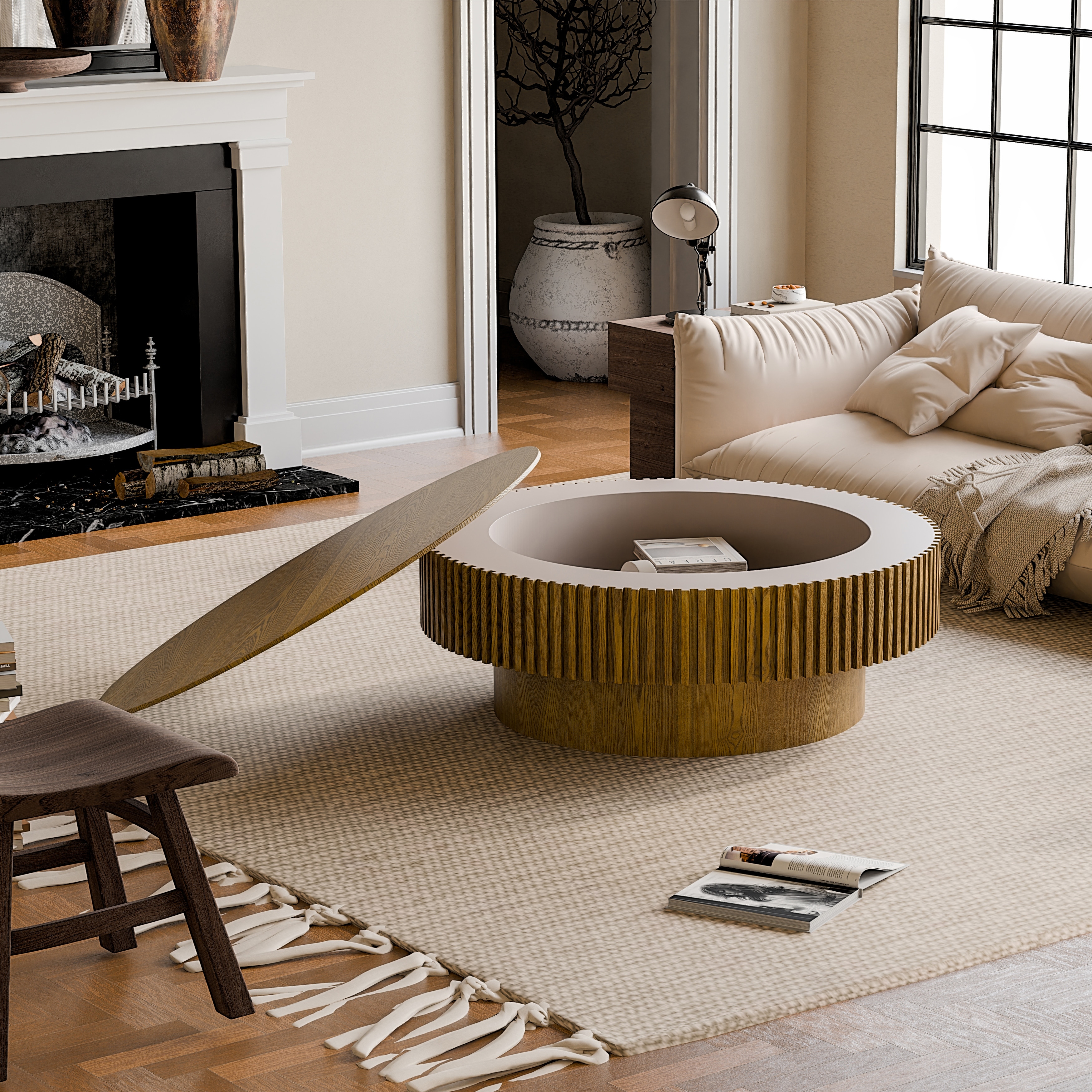 GDF Studio - Aveline 39.37 Inch Round Coffee Table with Storage